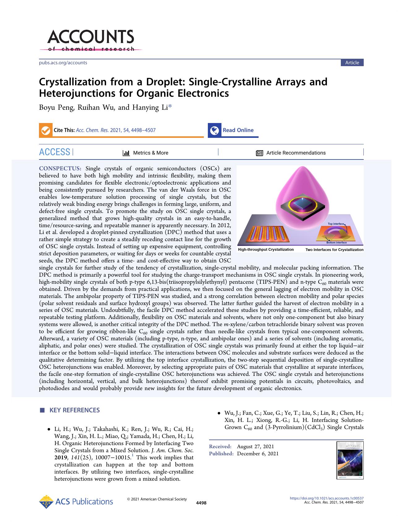 Crystallization from a Droplet: Single-Crystalline Arrays and Heterojunctions for Organic Electronics by Boyu Peng Ruihan Wu and Hanying Li