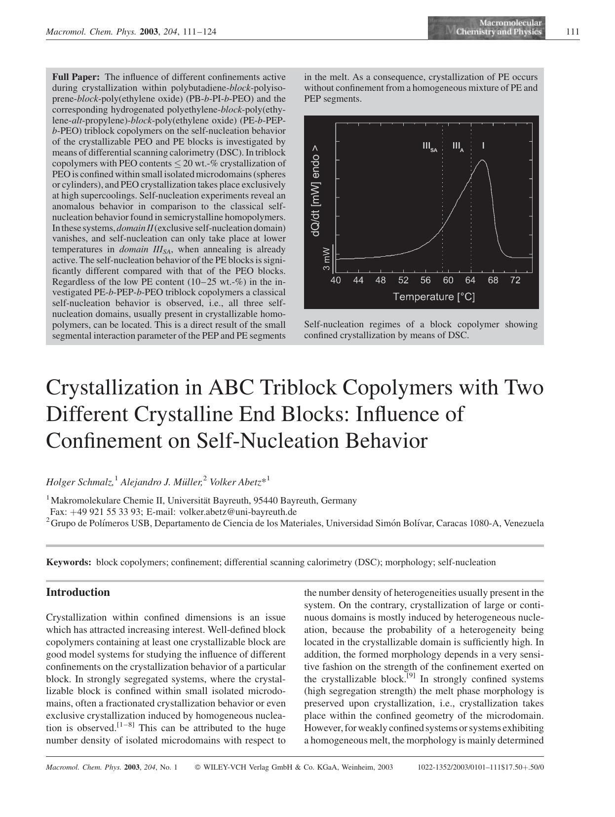 Crystallization in ABC Triblock Copolymers with Two Different Crystalline End Blocks: Influence of Confinement on Self-Nucleation Behavior by Unknown