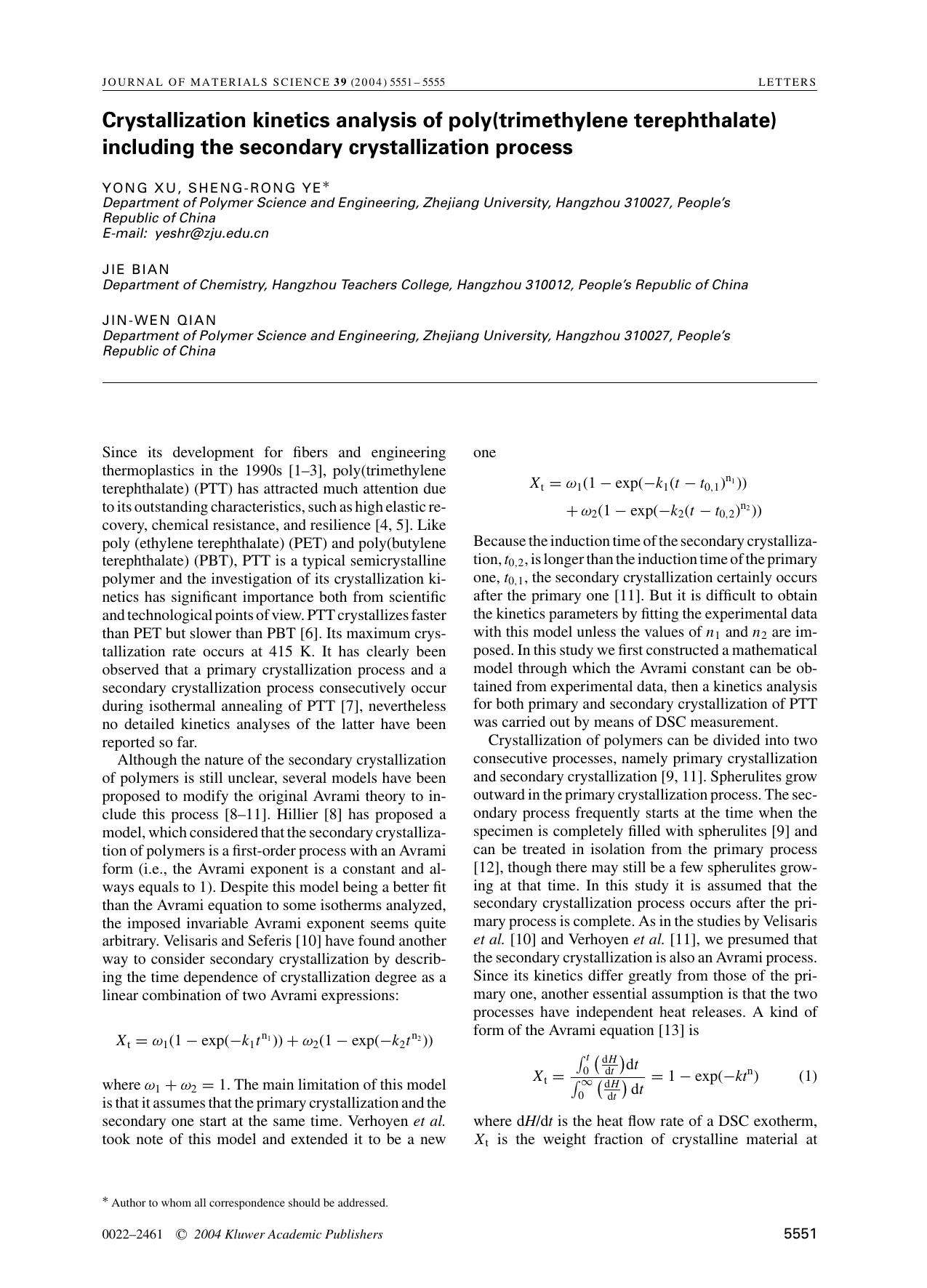 Crystallization kinetics analysis of poly(trimethylene terephthalate) including the secondary crystallization process by Unknown