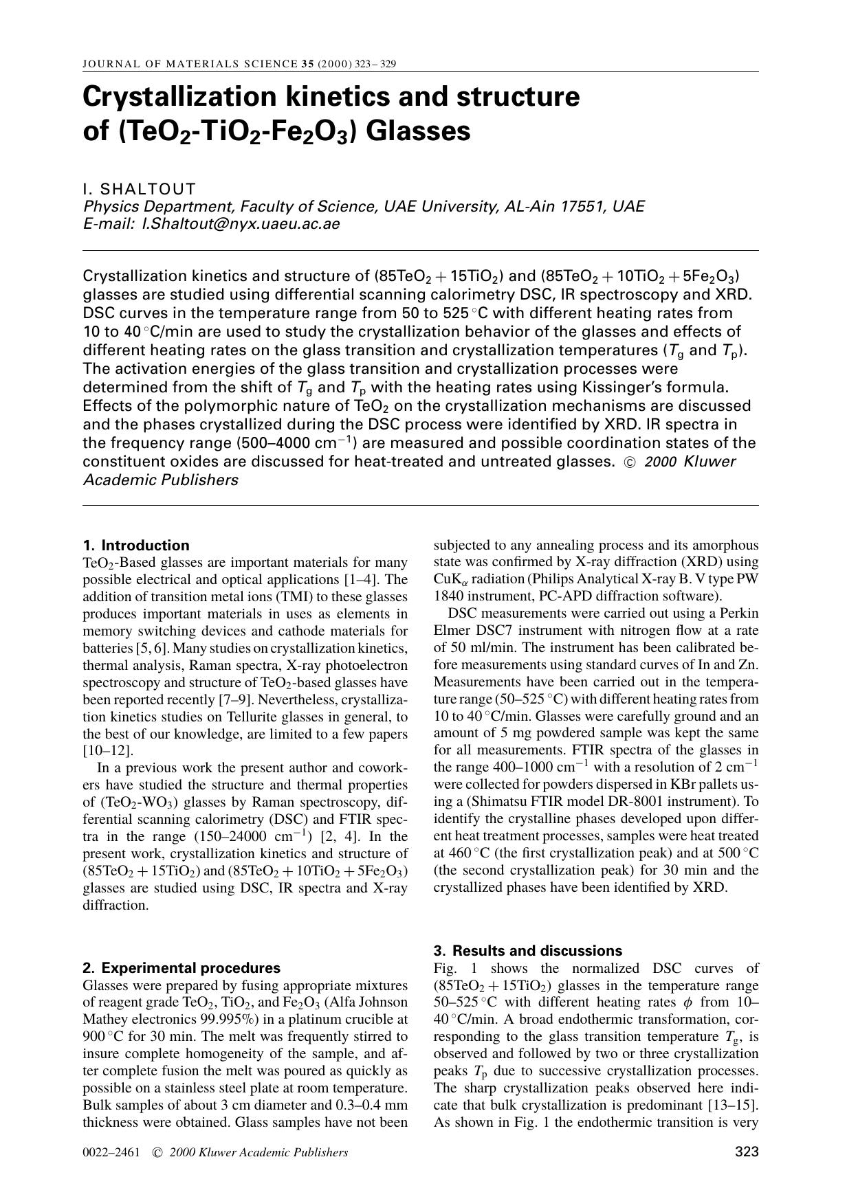 Crystallization kinetics and structure of (TeO2-TiO2-Fe2O3) Glasses by Unknown