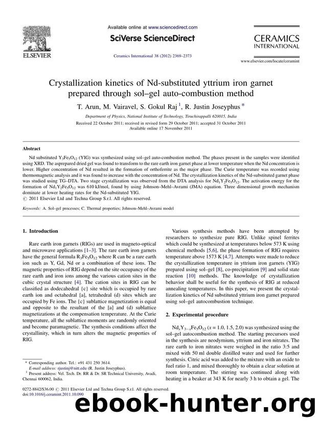 Crystallization kinetics of Nd-substituted yttrium iron garnet prepared through solâgel auto-combustion method by T. Arun