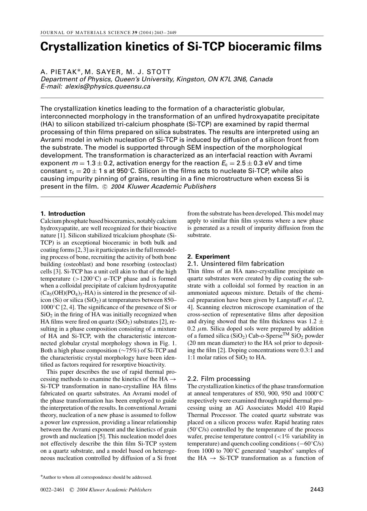 Crystallization kinetics of Si-TCP bioceramic films by Unknown