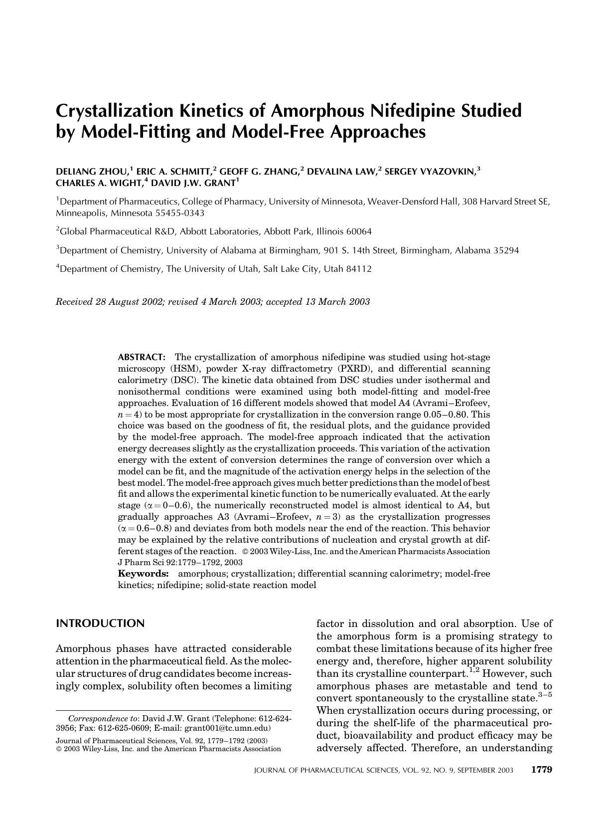 Crystallization kinetics of amorphous nifedipine studied by model-fitting and model-free approaches by Unknown