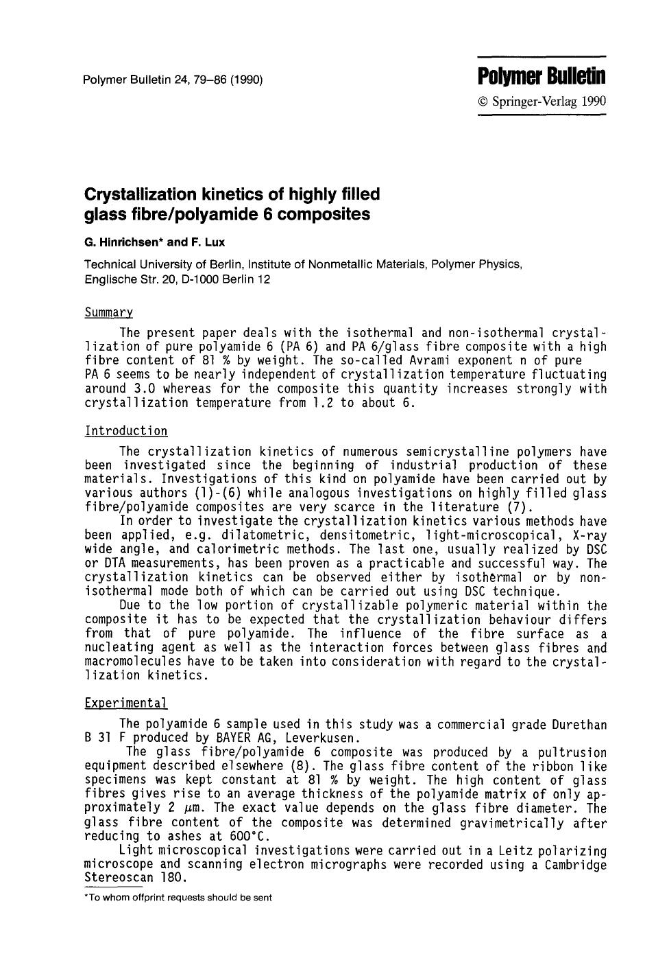 Crystallization kinetics of highly filled glass fibrepolyamide 6 composites by Unknown