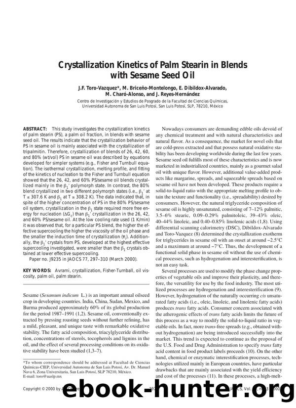 Crystallization kinetics of palm stearin in blends with sesame seed oil by Unknown