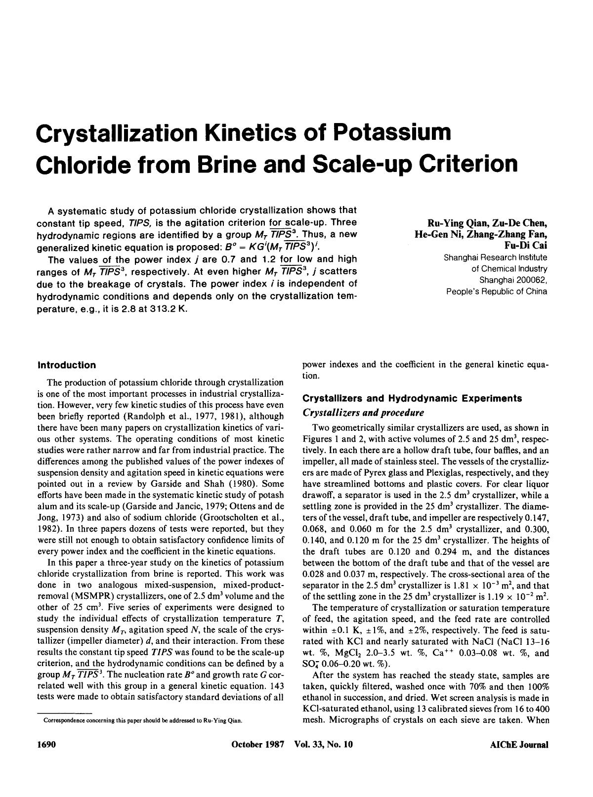Crystallization kinetics of potassium chloride from brine and scale-up criterion by Unknown
