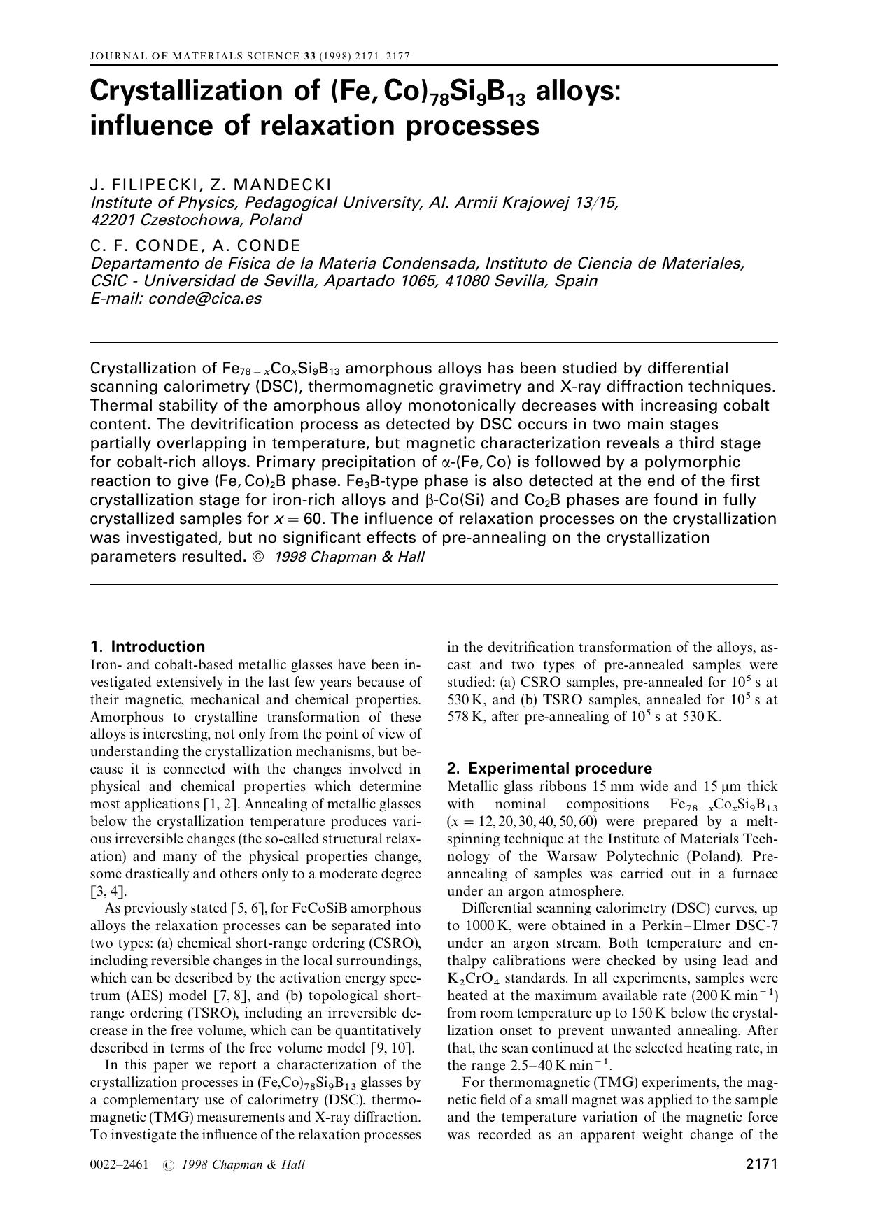 Crystallization of (Fe, Co)78 Si9 B13 alloys: influence of relaxation processes by J. FILIPECKI Z. MANDECKI C. F. CONDE A. CONDE