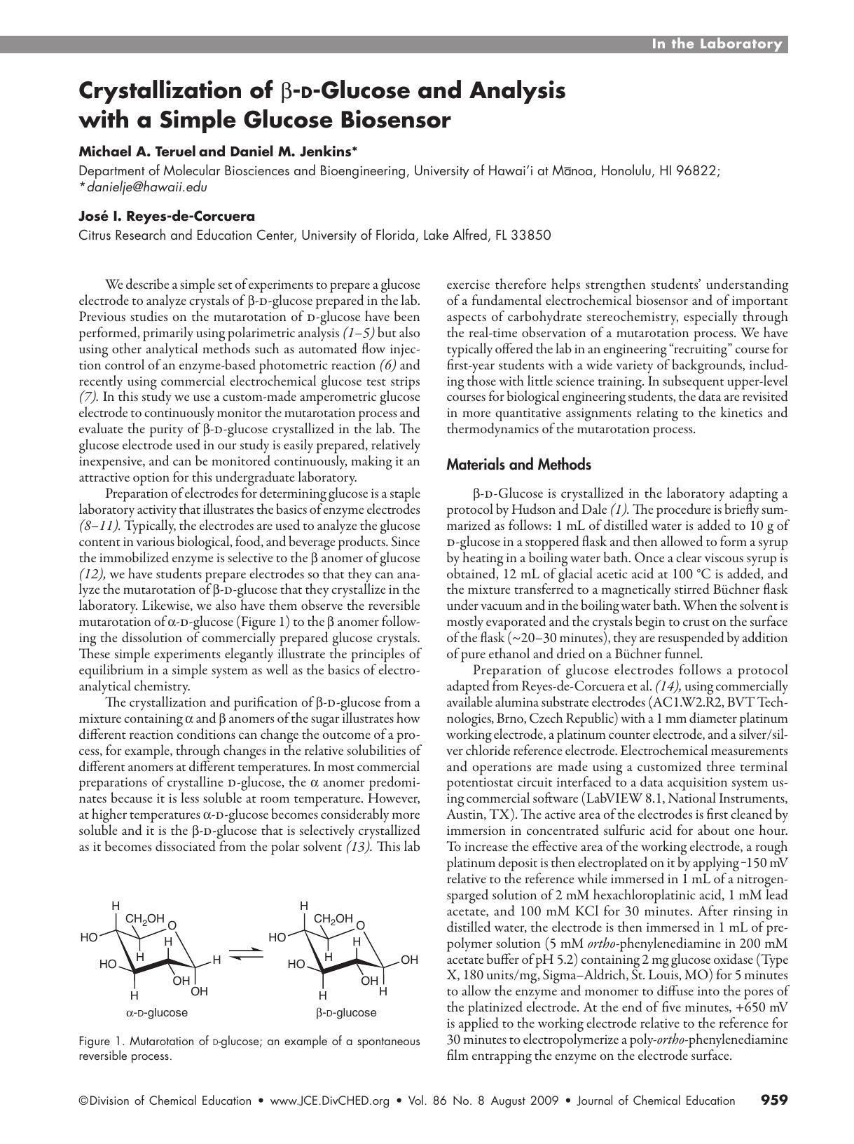 Crystallization of ?-d-Glucose and Analysis with a Simple Glucose Biosensor by Michael A. Teruel Daniel M. Jenkins and Jos” I. Reyes de Corcuera