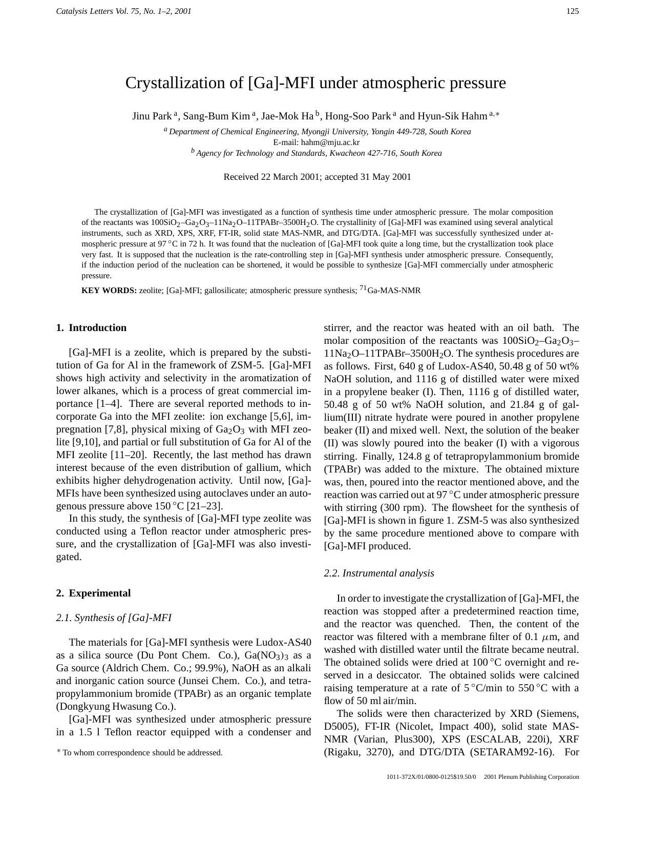 Crystallization of [Ga]-MFI Under Atmospheric Pressure by Unknown