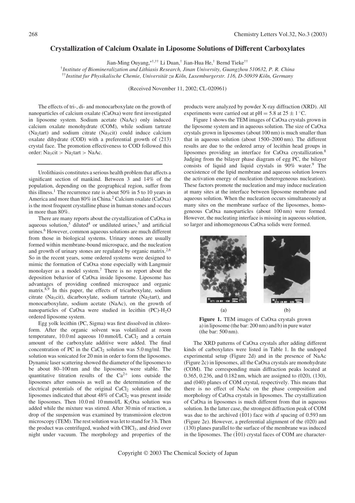 Crystallization of Calcium Oxalate in Liposome Solutions of Different Carboxylates by Jian-Ming Ouyang Li Duan Jian-Hua He Bernd Tieke