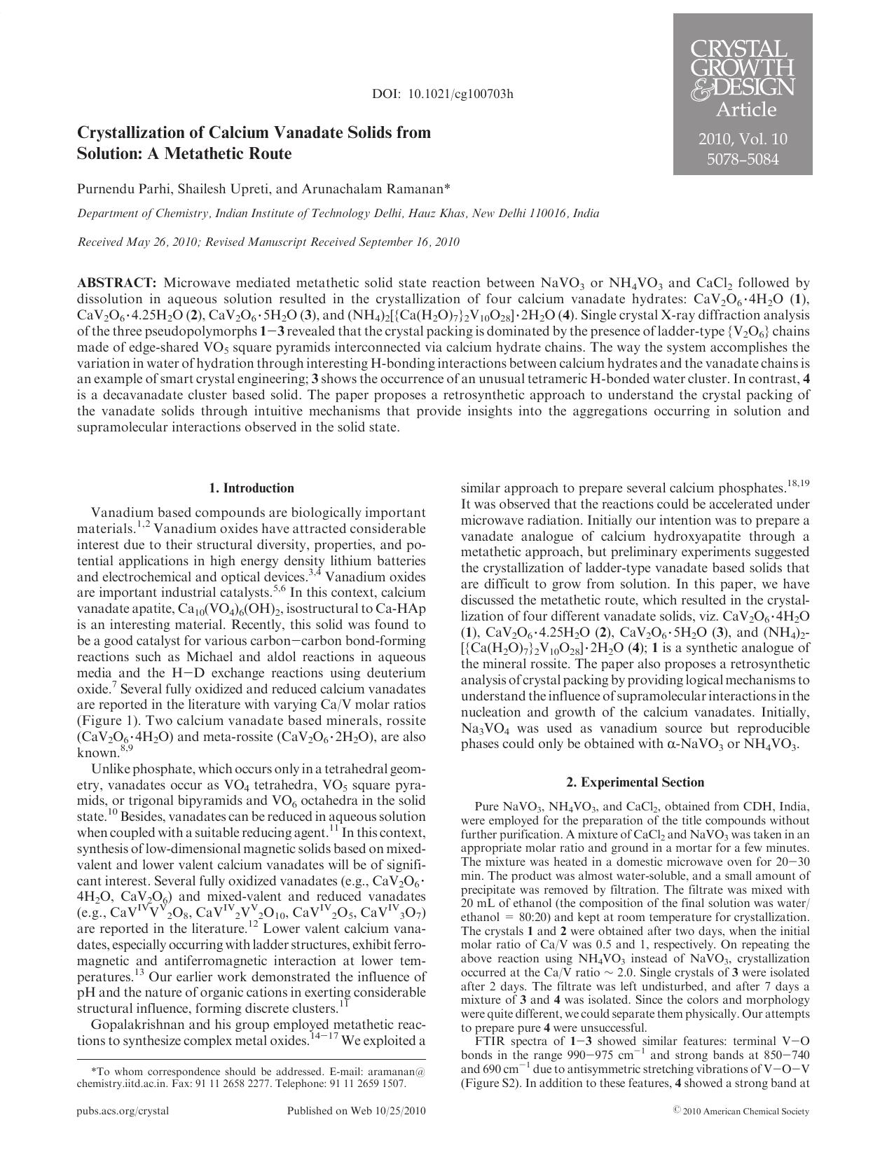 Crystallization of Calcium Vanadate Solids from Solution: A Metathetic Route by Unknown