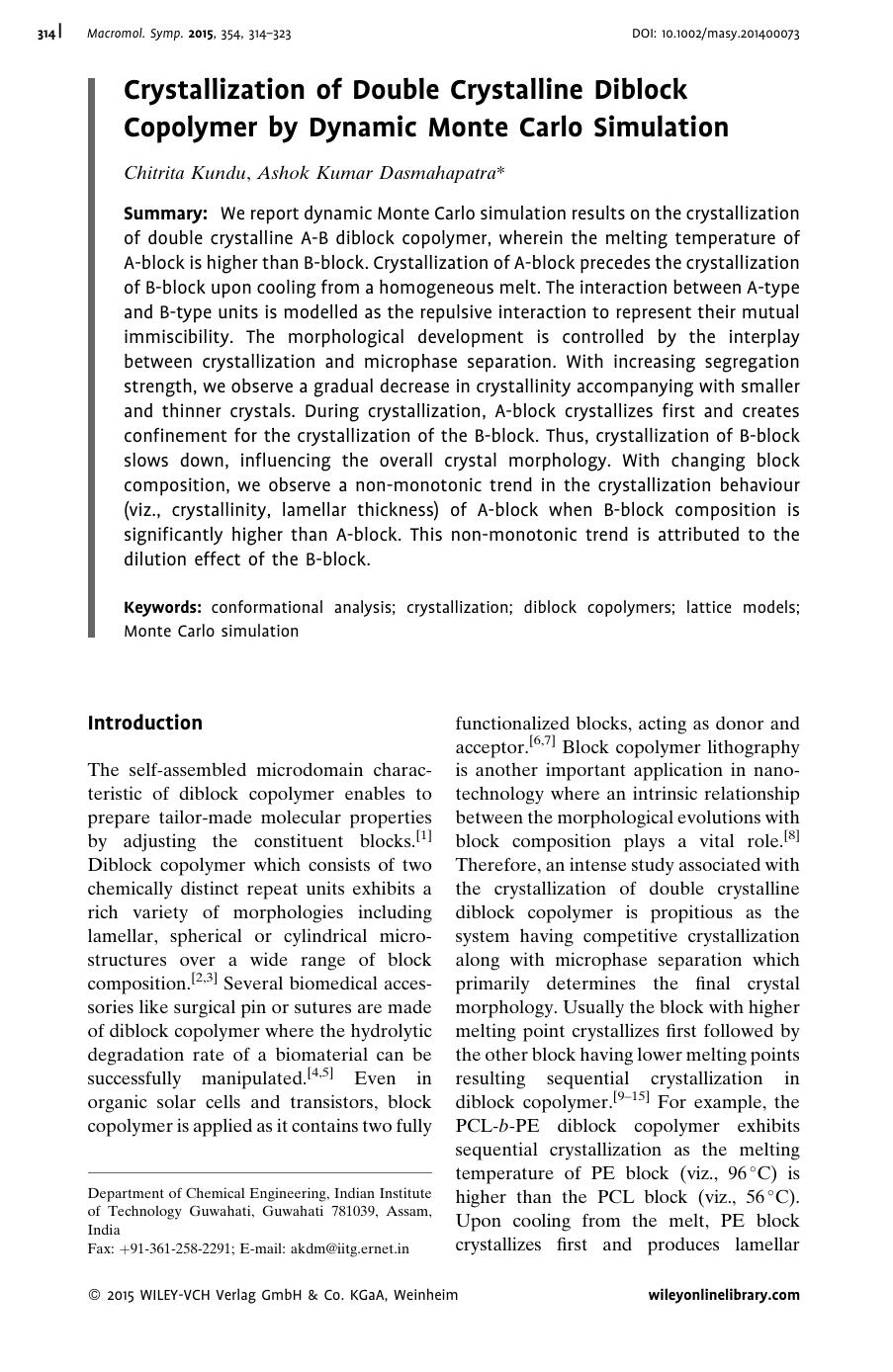 Crystallization of Double Crystalline Diblock Copolymer by Dynamic Monte Carlo Simulation by Unknown