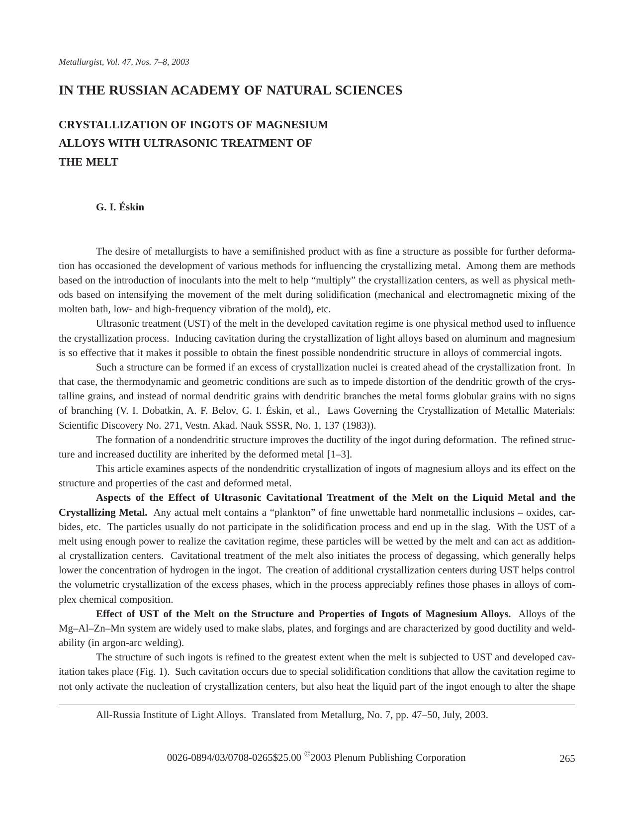 Crystallization of Ingots of Magnesium Alloys with Ultrasonic Treatment of the Melt by Unknown