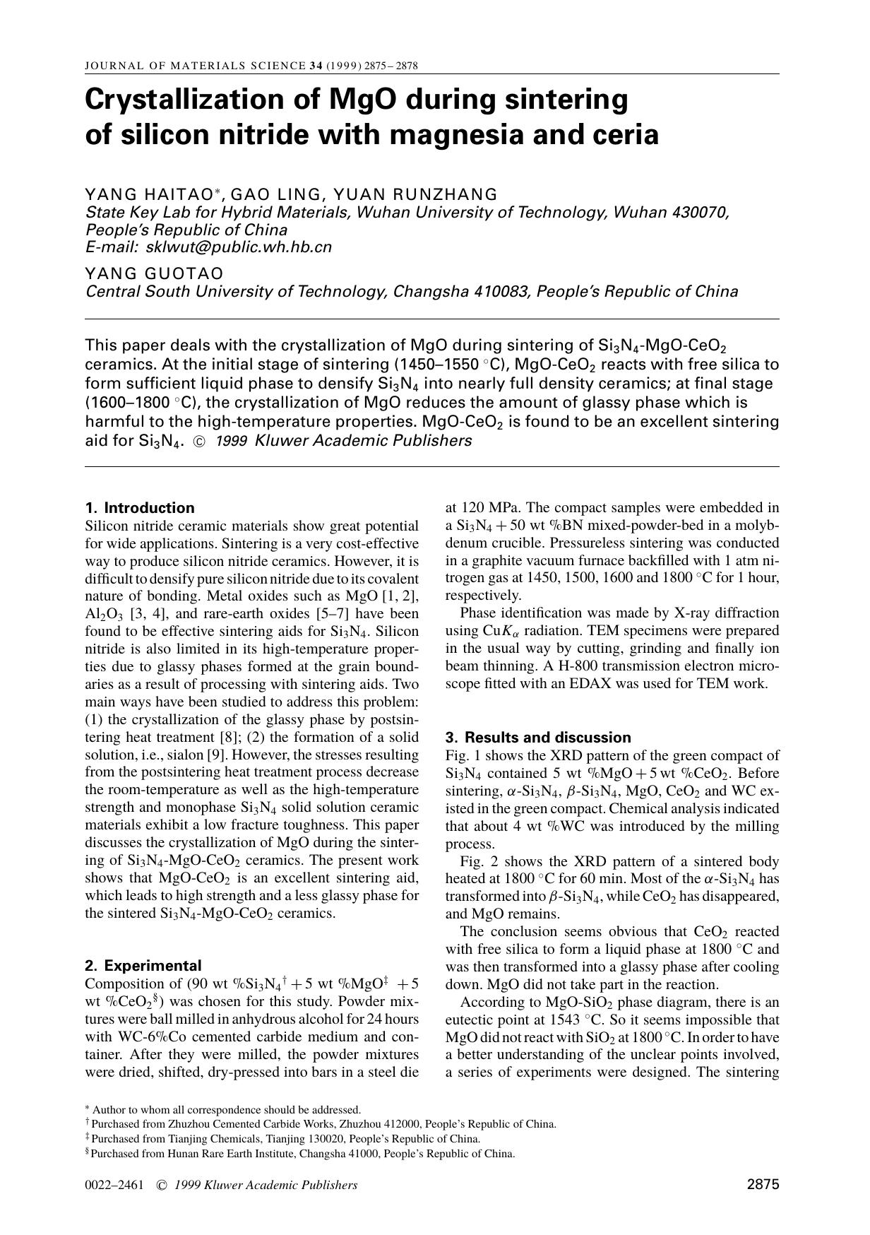 Crystallization of MgO during sintering of silicon nitride with magnesia and ceria by Unknown