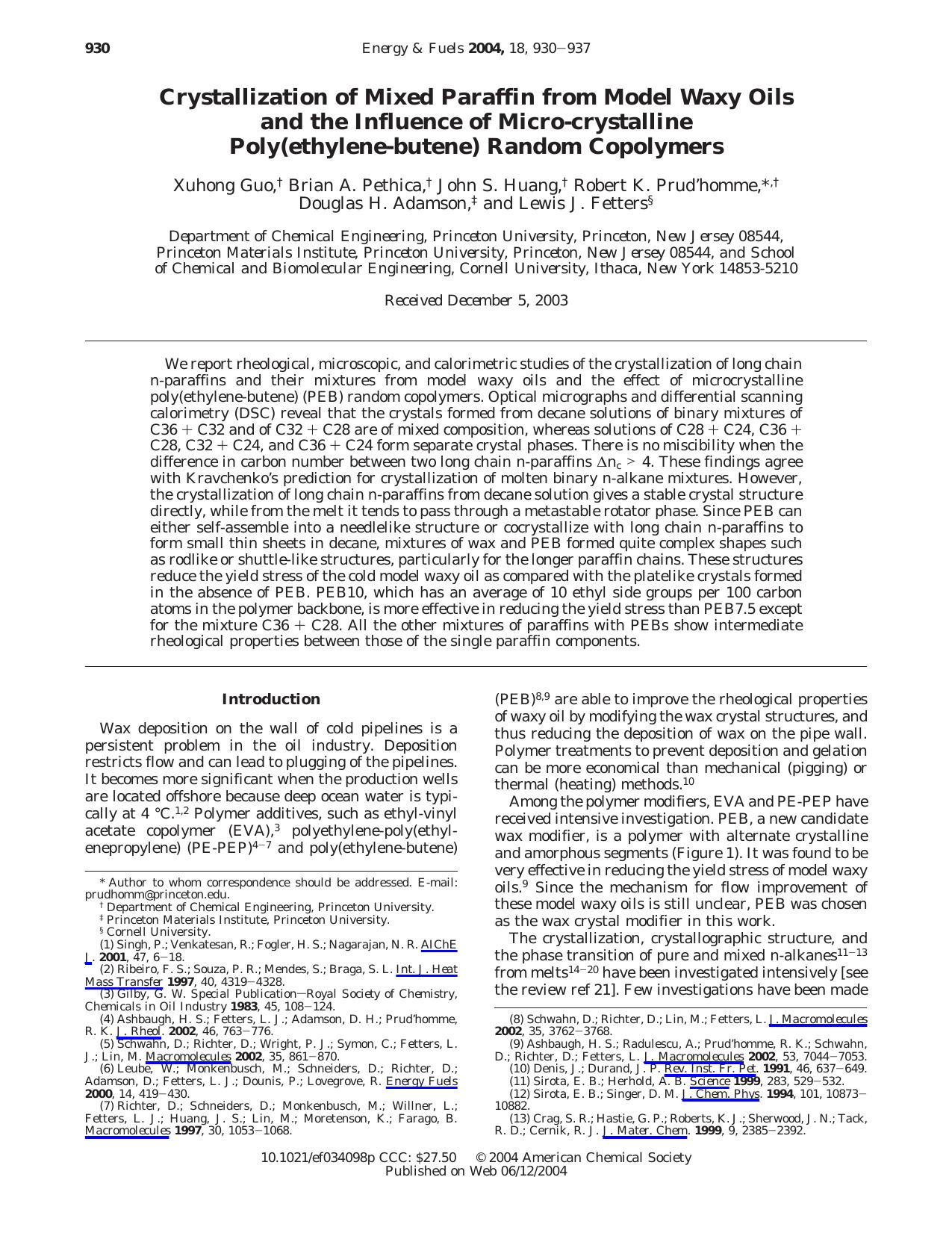Crystallization of Mixed Paraffin from Model Waxy Oils and the Influence of Micro-crystalline Poly(ethylene-butene) Random Copolymers by Unknown
