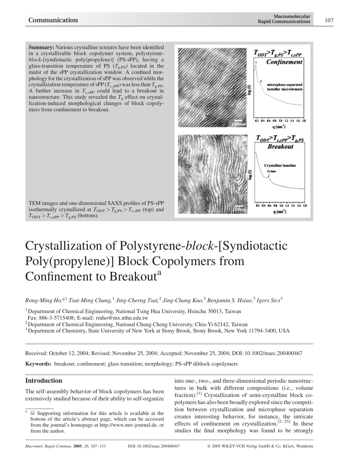 Crystallization of Polystyrene-block-[Syndiotactic Poly(propylene)] Block Copolymers from Confinement to Breakout by Unknown
