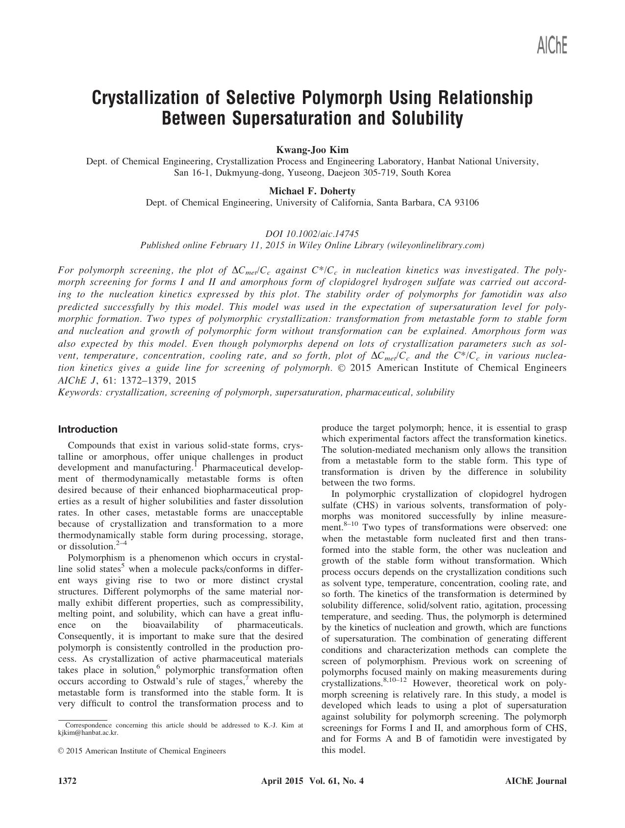 Crystallization of Selective Polymorph Using Relationship Between Supersaturation and Solubility by Unknown