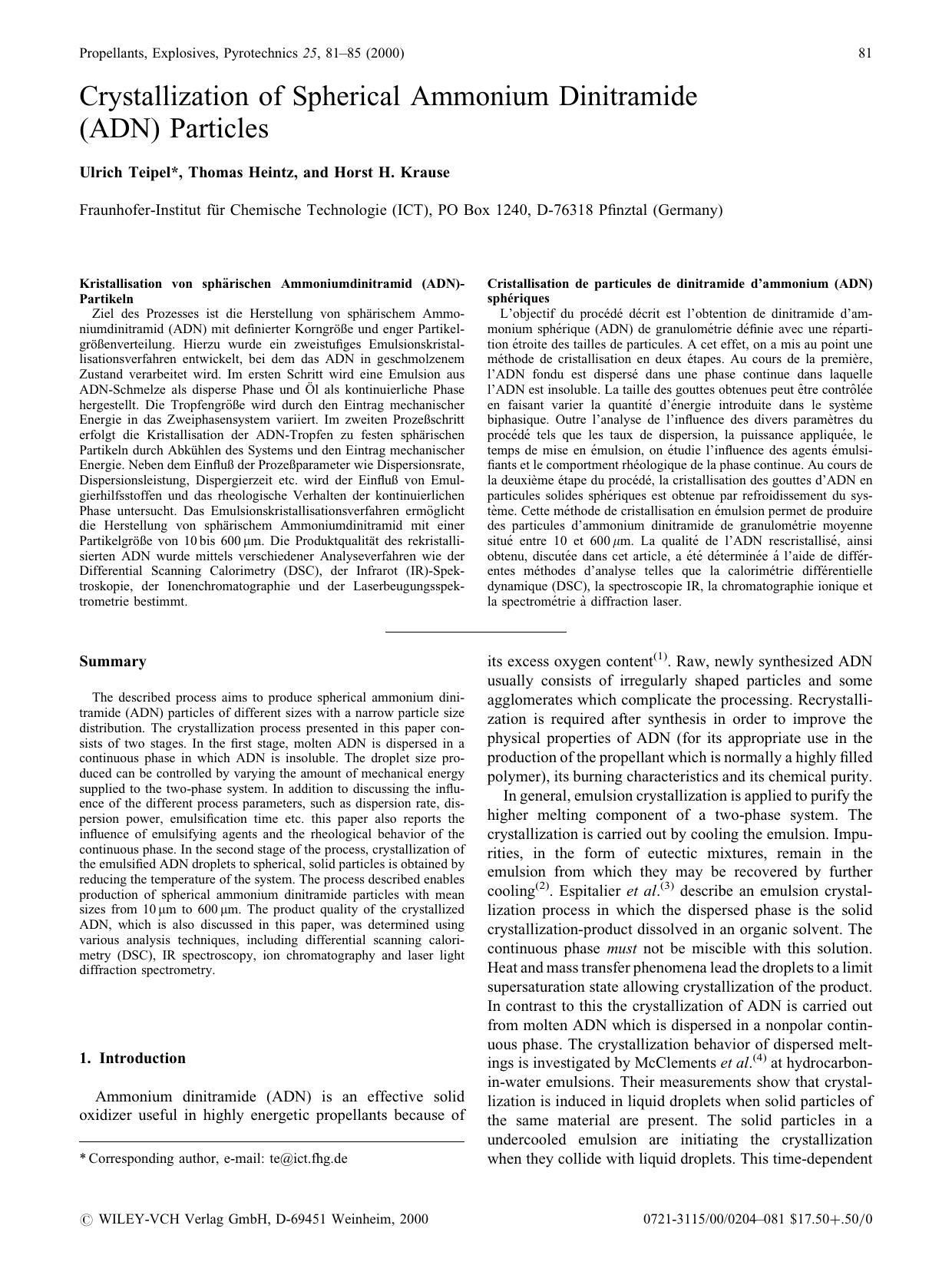 Crystallization of Spherical Ammonium Dinitramide (ADN) Particles by Unknown