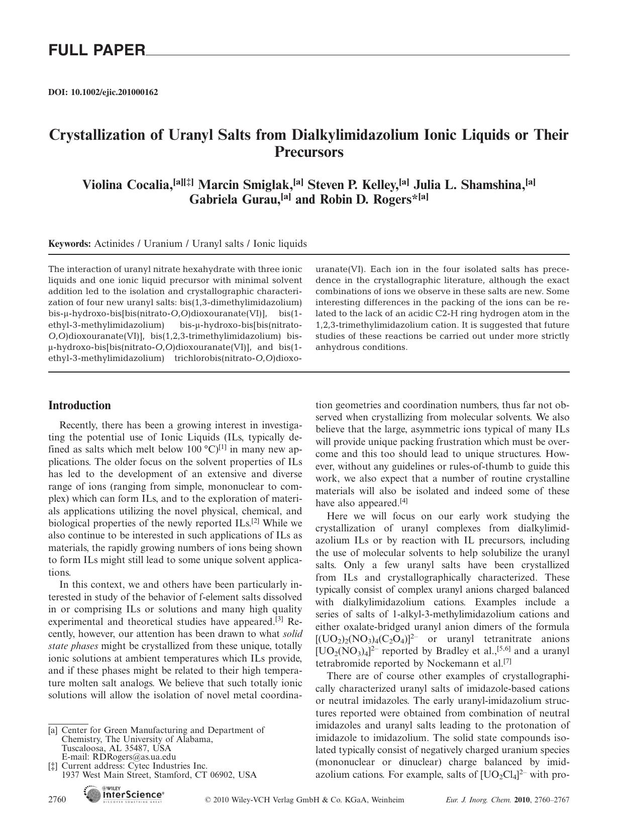 Crystallization of Uranyl Salts from Dialkylimidazolium Ionic Liquids or Their Precursors by Unknown