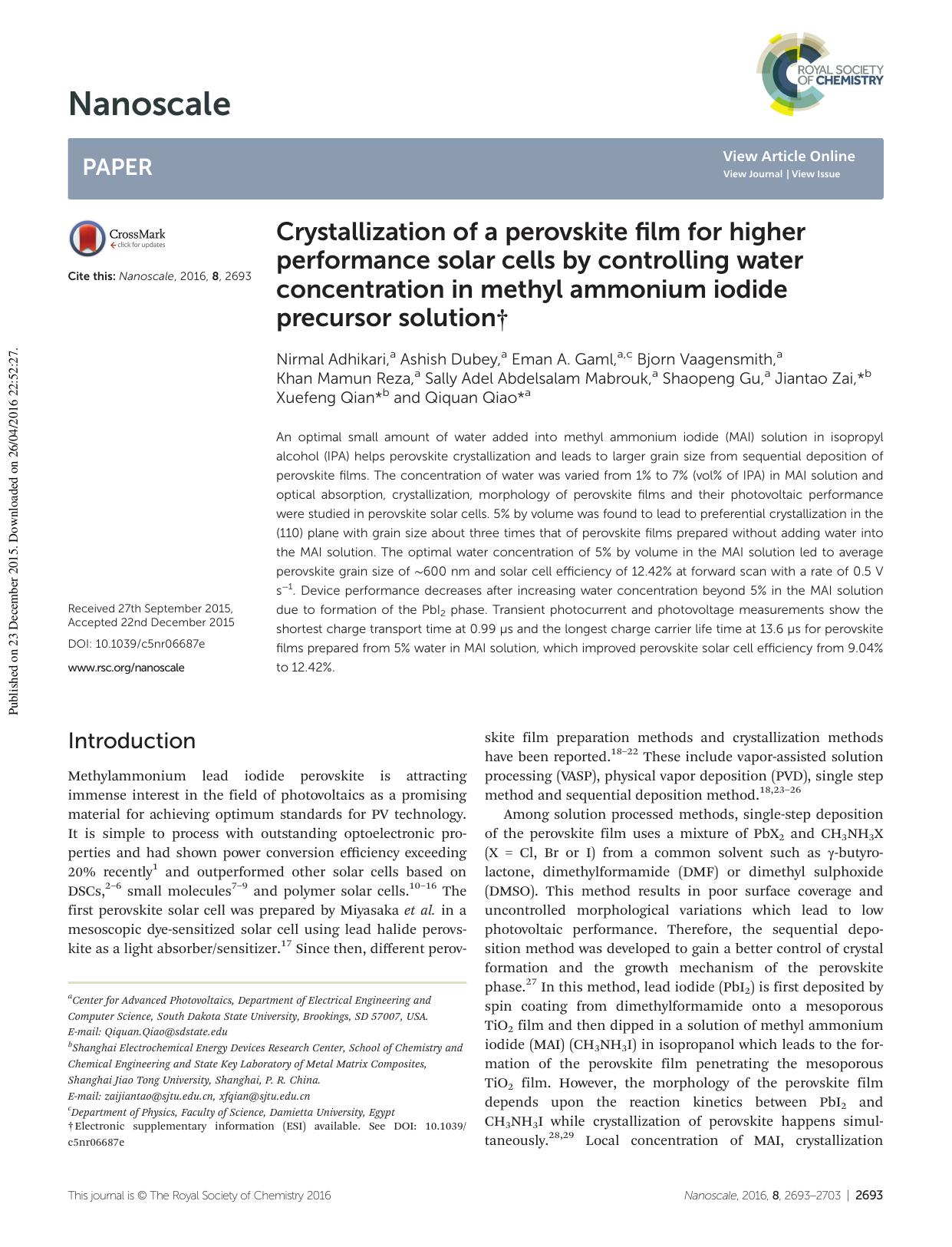 Crystallization of a perovskite film for higher performance solar cells by controlling water concentration in methyl ammonium iodide precursor solution by unknow