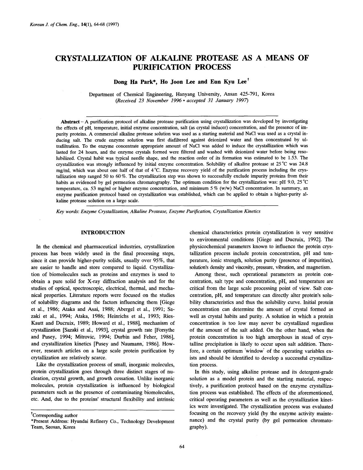 Crystallization of alkaline protease as a means of purification process by Unknown
