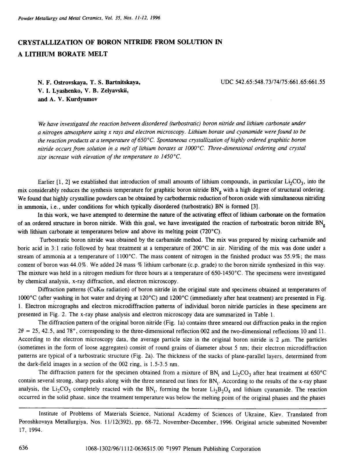 Crystallization of boron nitride from solution in a lithium borate melt by Unknown
