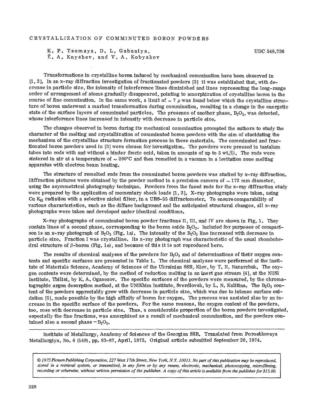 Crystallization of comminuted boron powders by Unknown