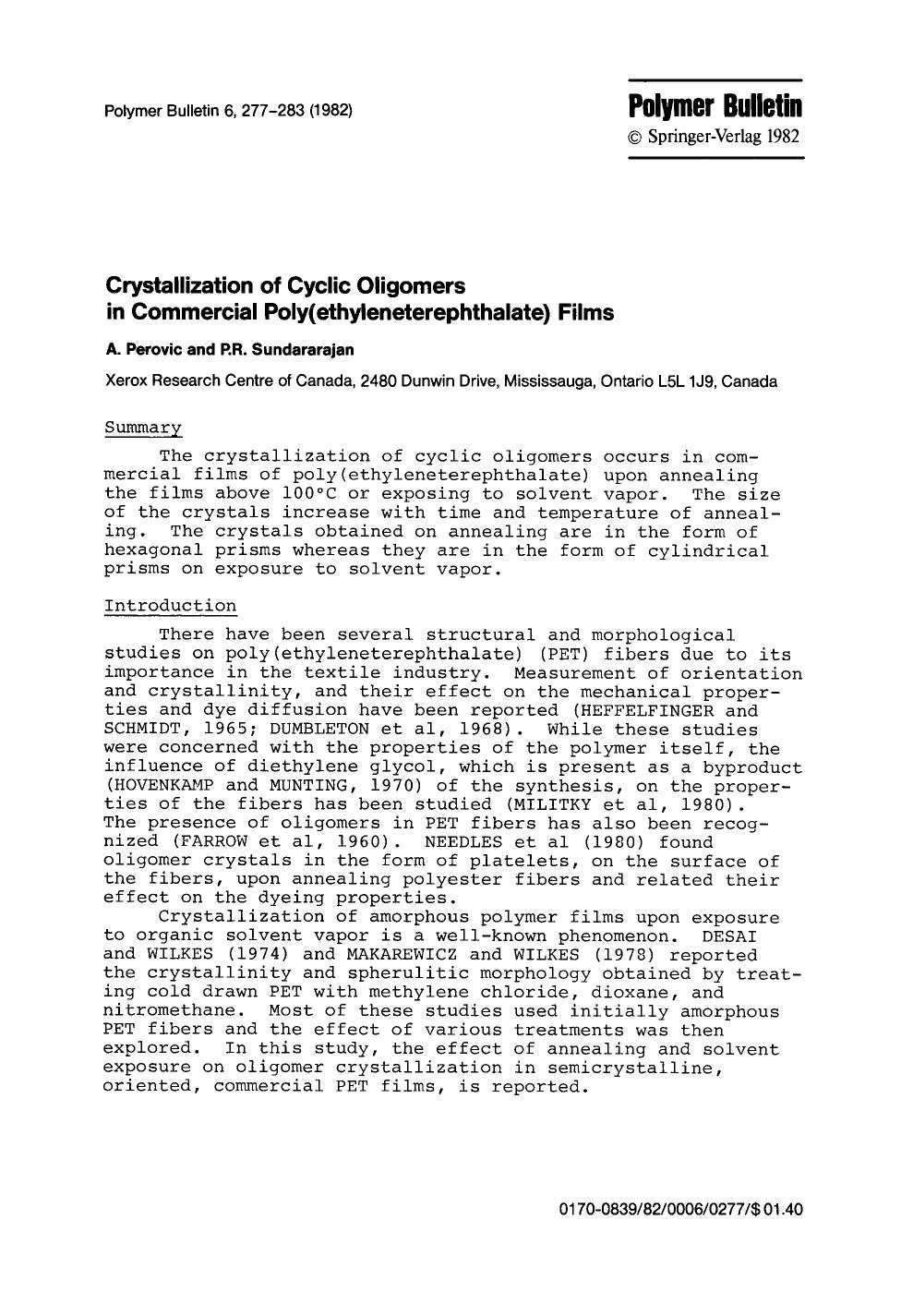 Crystallization of cyclic oligomers in commercial poly(ethyleneterephthalate) films by Unknown