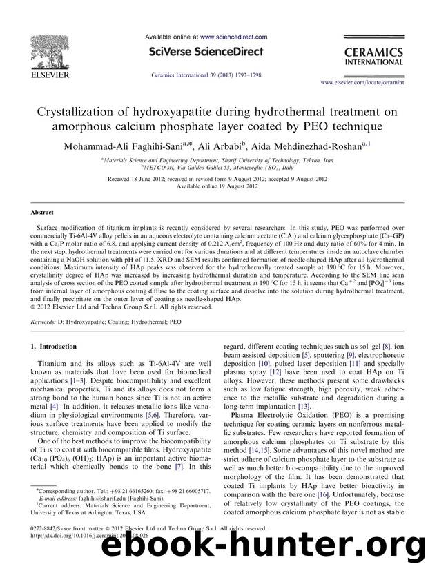 Crystallization of hydroxyapatite during hydrothermal treatment on amorphous calcium phosphate layer coated by PEO technique by Mohammad-Ali Faghihi-Sani & Ali Arbabi & Aida Mehdinezhad-Roshan