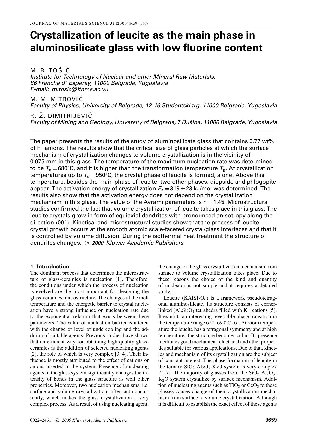 Crystallization of leucite as the main phase in aluminosilicate glass with low fluorine content by Unknown