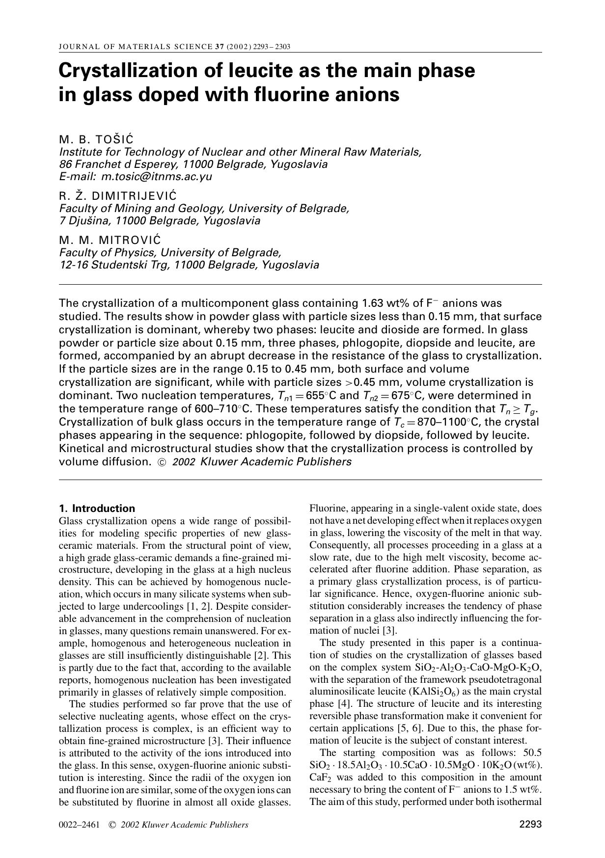Crystallization of leucite as the main phase in glass doped with fluorine anions by Unknown
