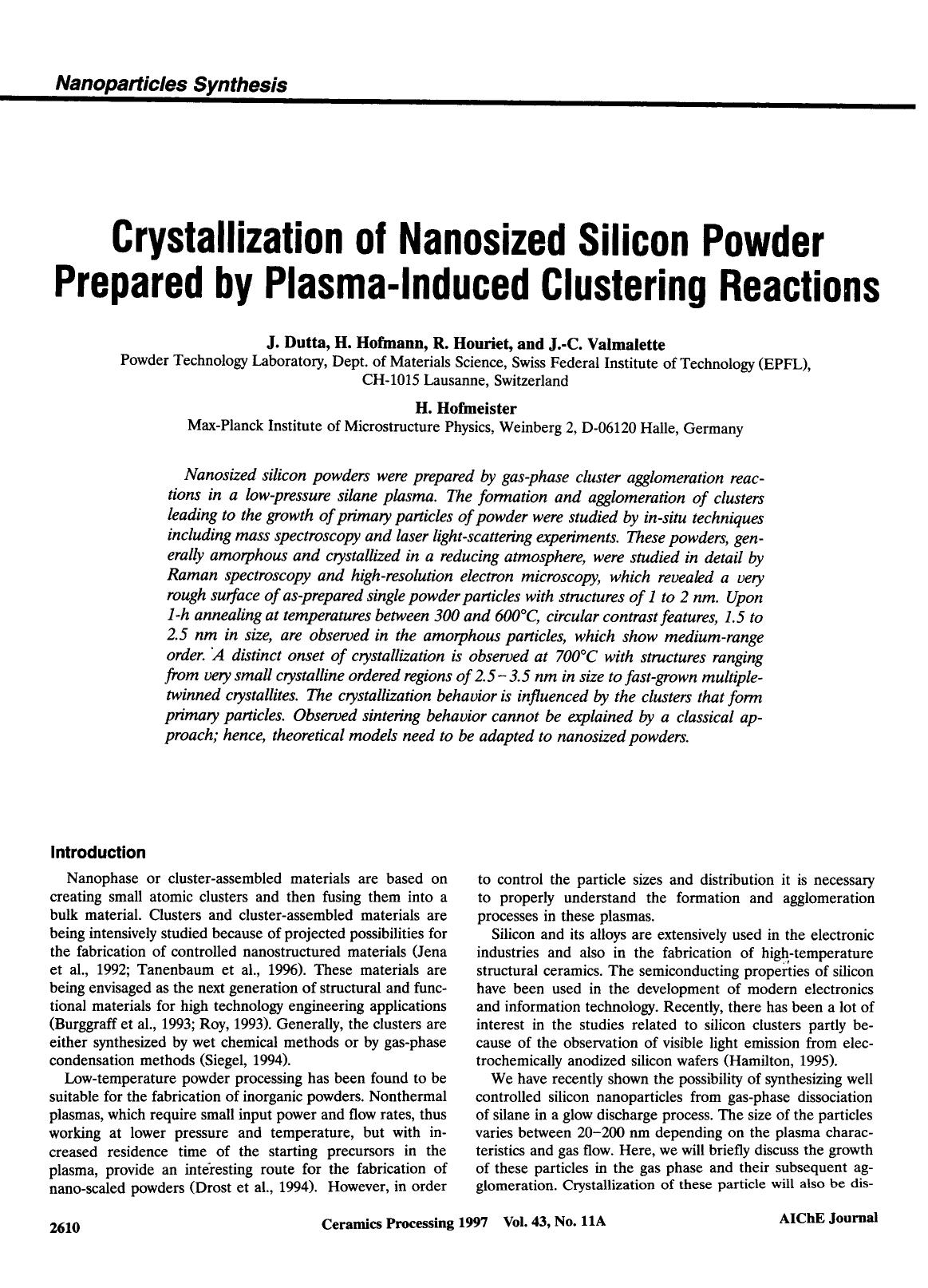 Crystallization of nanosized silicon powder prepared by plasma-induced clustering reactions by Unknown