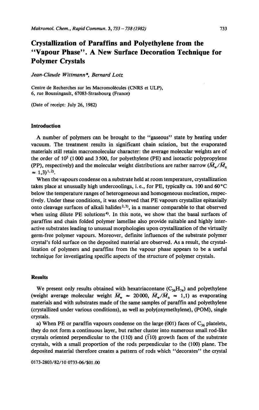 Crystallization of paraffins and polyethylene from the "vapour phase". A new surface decoration technique for polymer crystals by Unknown
