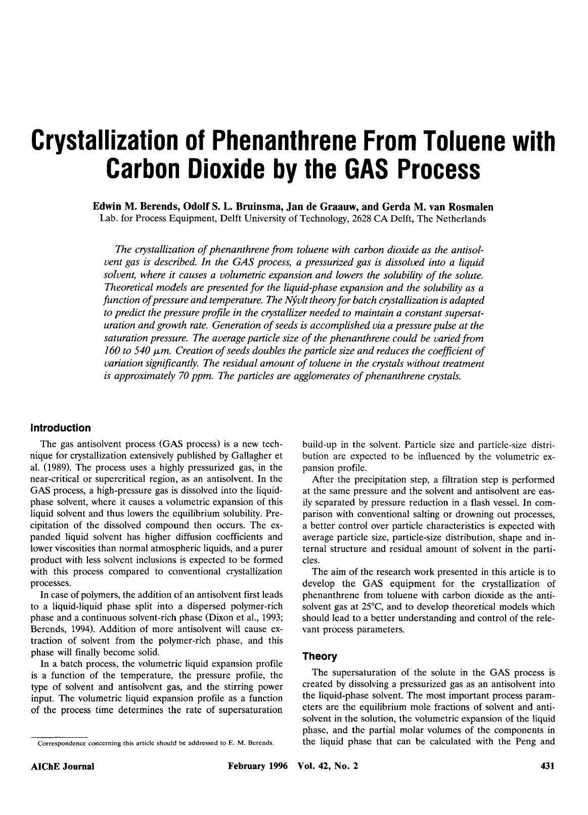 Crystallization of phenanthrene from toluene with carbon dioxide by the GAS process by Unknown