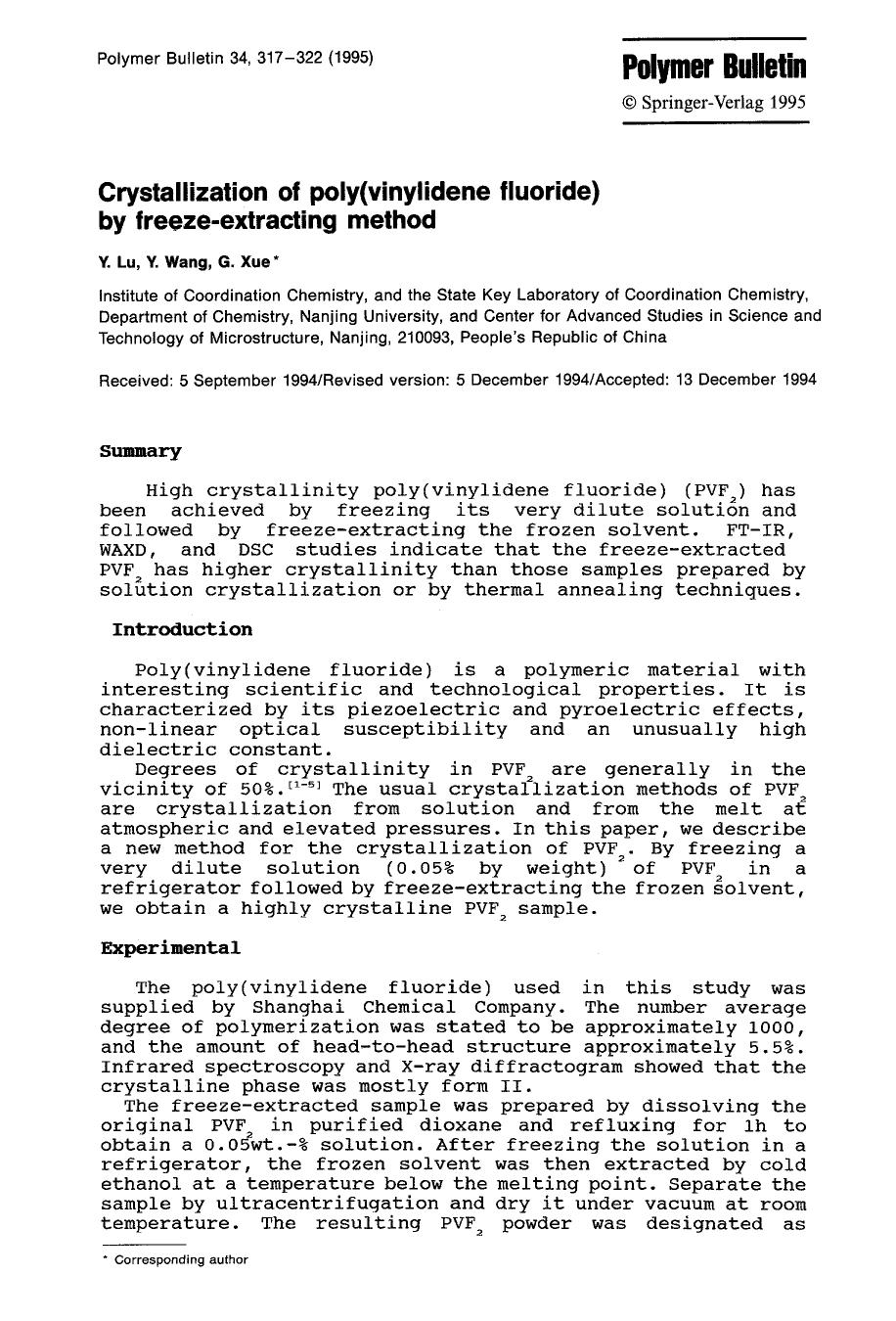 Crystallization of poly(vinylidene fluoride) by freeze-extracting method by Unknown