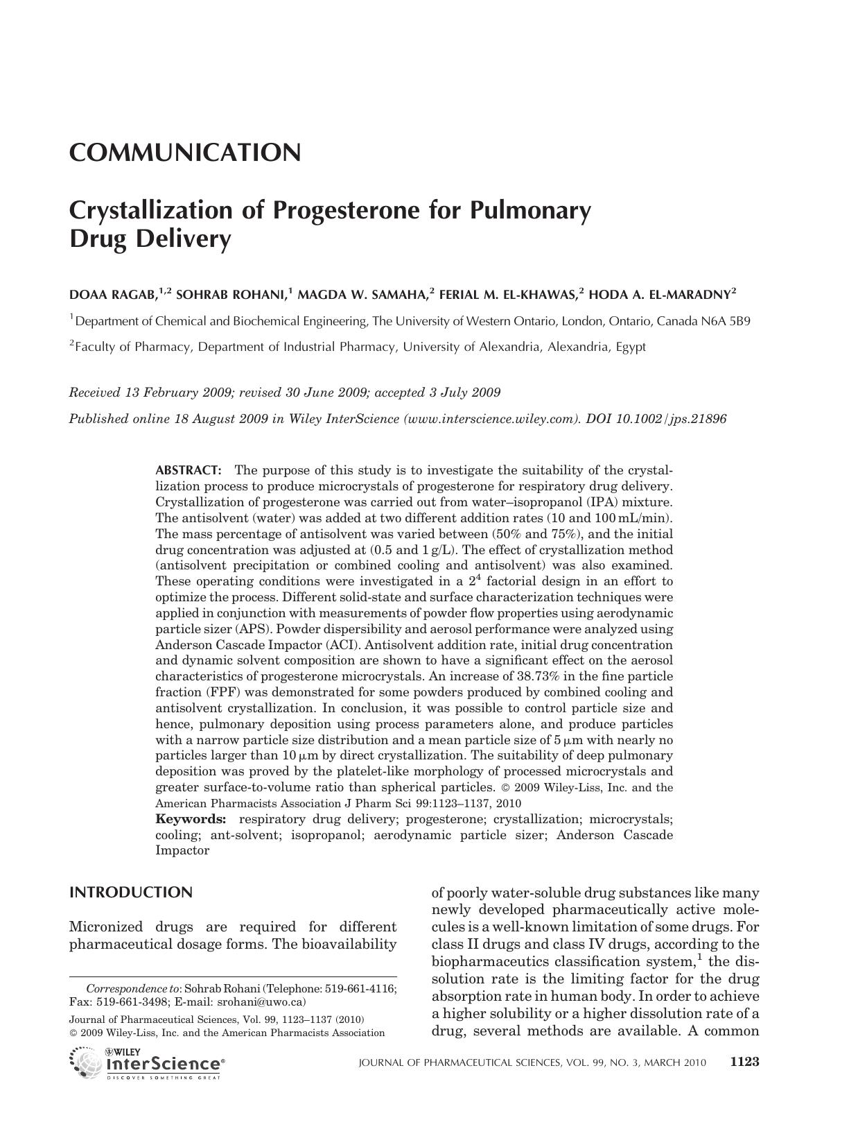 Crystallization of progesterone for pulmonary drug delivery by Unknown