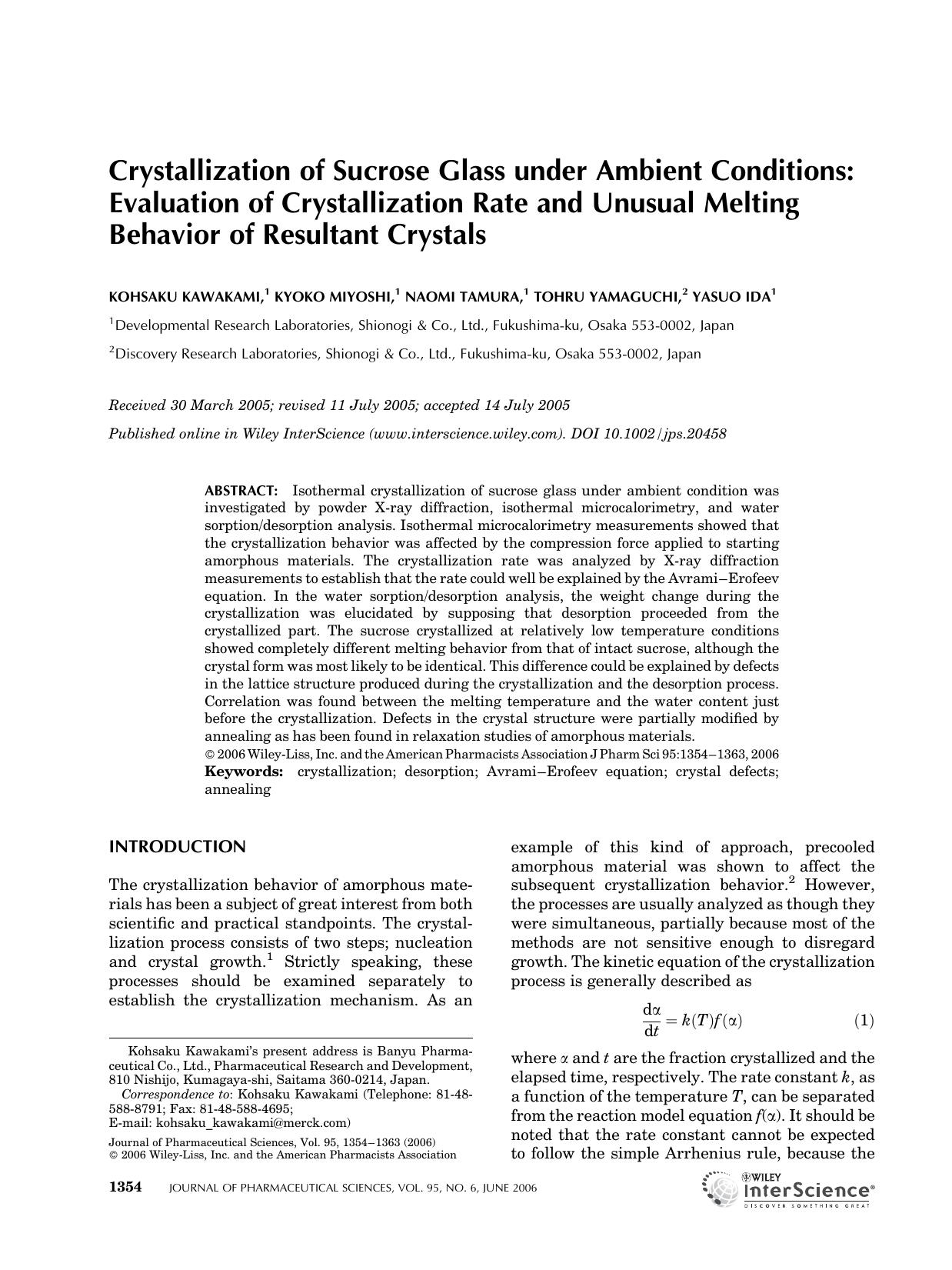 Crystallization of sucrose glass under ambient conditions: Evaluation of crystallization rate and unusual melting behavior of resultant crystals by Unknown