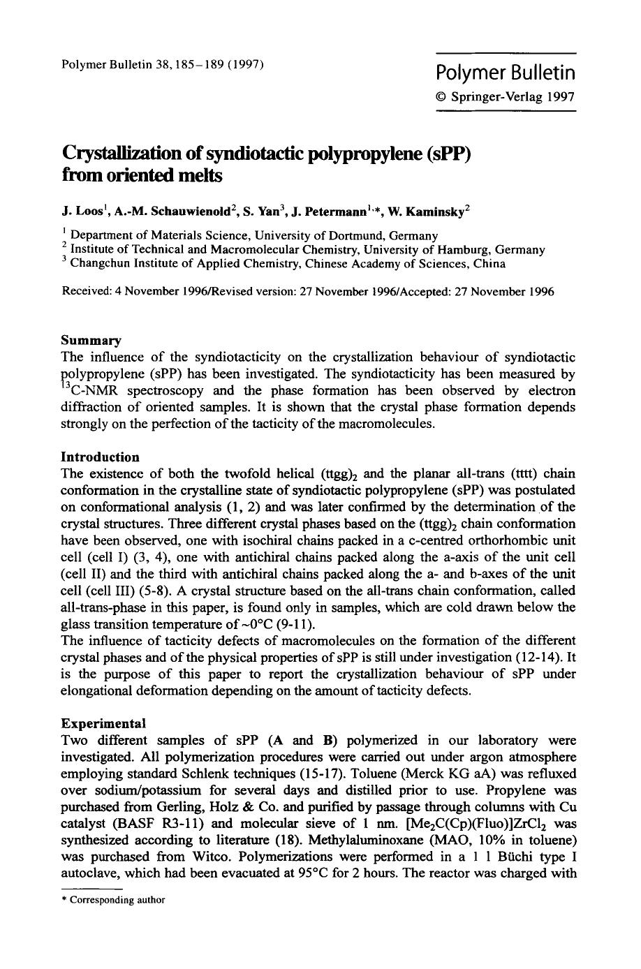 Crystallization of syndiotactic polypropylene (sPP) from oriented melts by Unknown