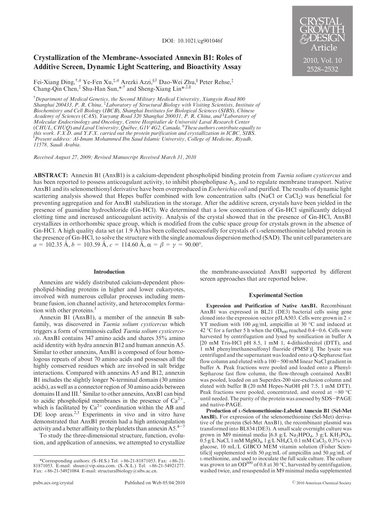 Crystallization of the Membrane-Associated Annexin B1: Roles of Additive Screen, Dynamic Light Scattering, and Bioactivity Assay by Unknown