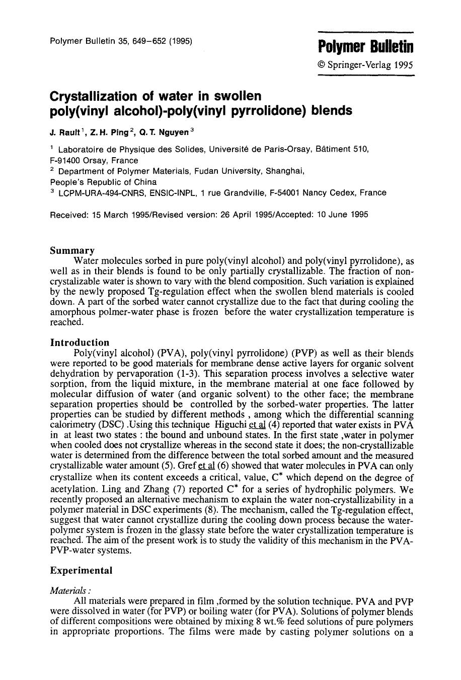 Crystallization of water in swollen poly(vinyl alcohol)-poly(vinyl pyrrolidone) blends by Unknown