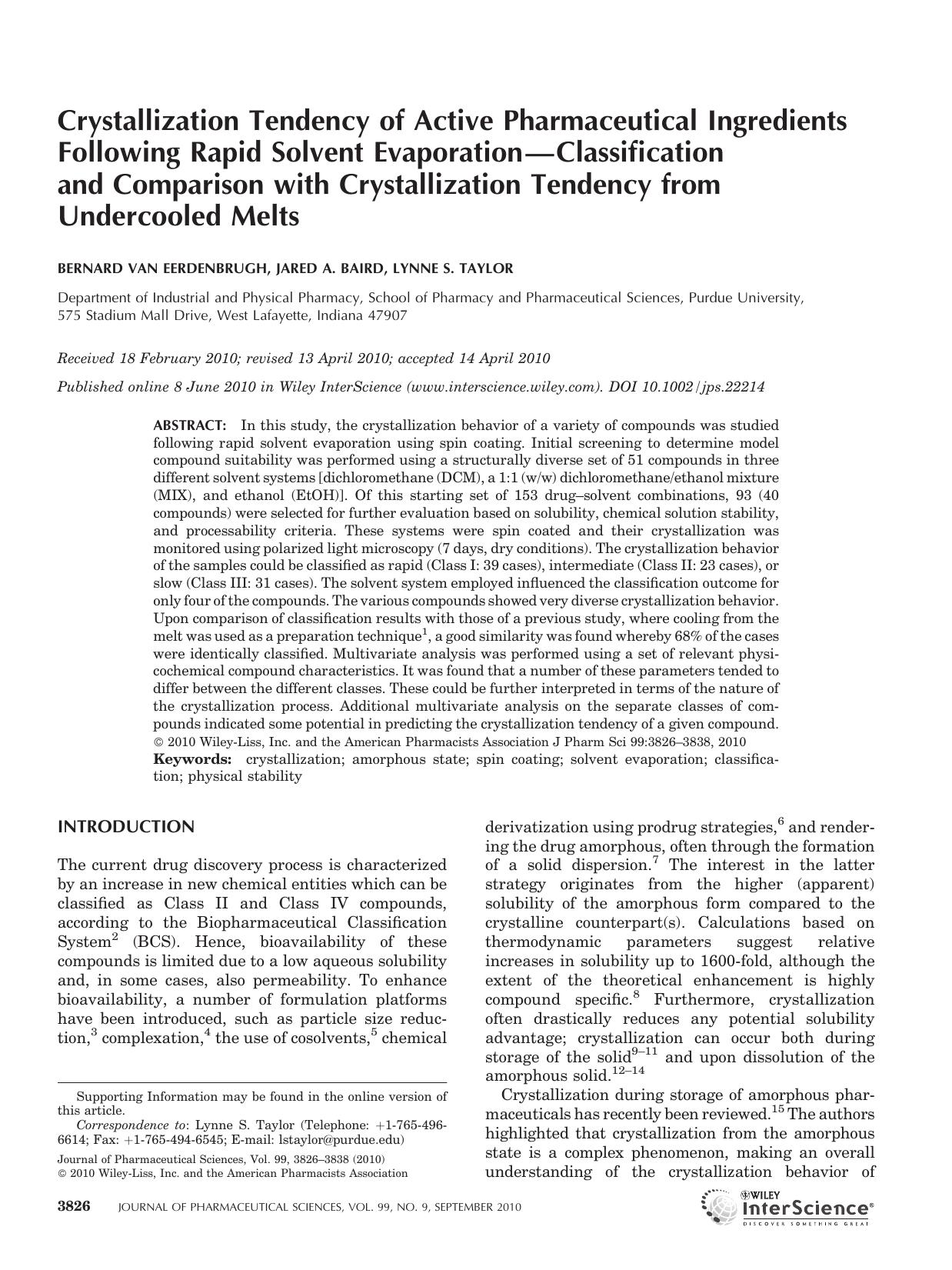 Crystallization tendency of active pharmaceutical ingredients following rapid solvent evaporation?classification and comparison with crystallization tendency from undercooled melts by Unknown
