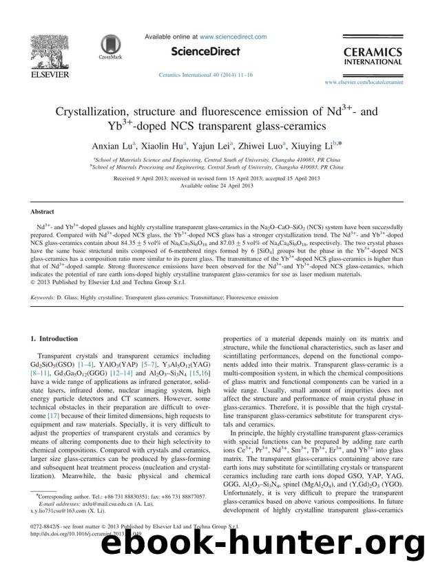 Crystallization, structure and fluorescence emission of Nd3+- and Yb3+-doped NCS transparent glass-ceramics by Anxian Lu & Xiaolin Hu & Yajun Lei & Zhiwei Luo & Xiuying Li