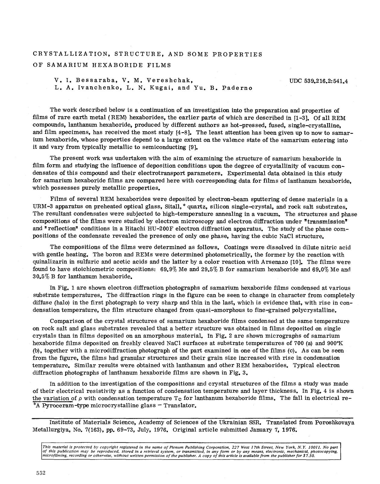 Crystallization, structure, and some properties of samarium hexaboride films by Unknown