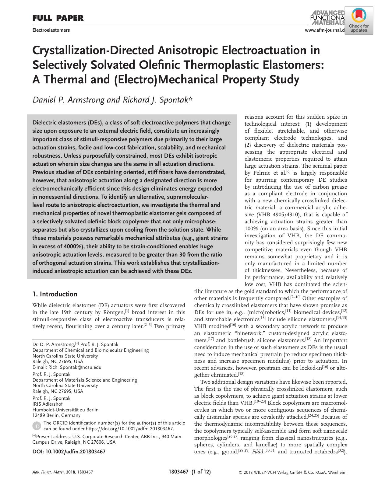 CrystallizationâDirected Anisotropic Electroactuation in Selectively Solvated Olefinic Thermoplastic Elastomers: A Thermal and (Electro)Mechanical Property Study by Unknown