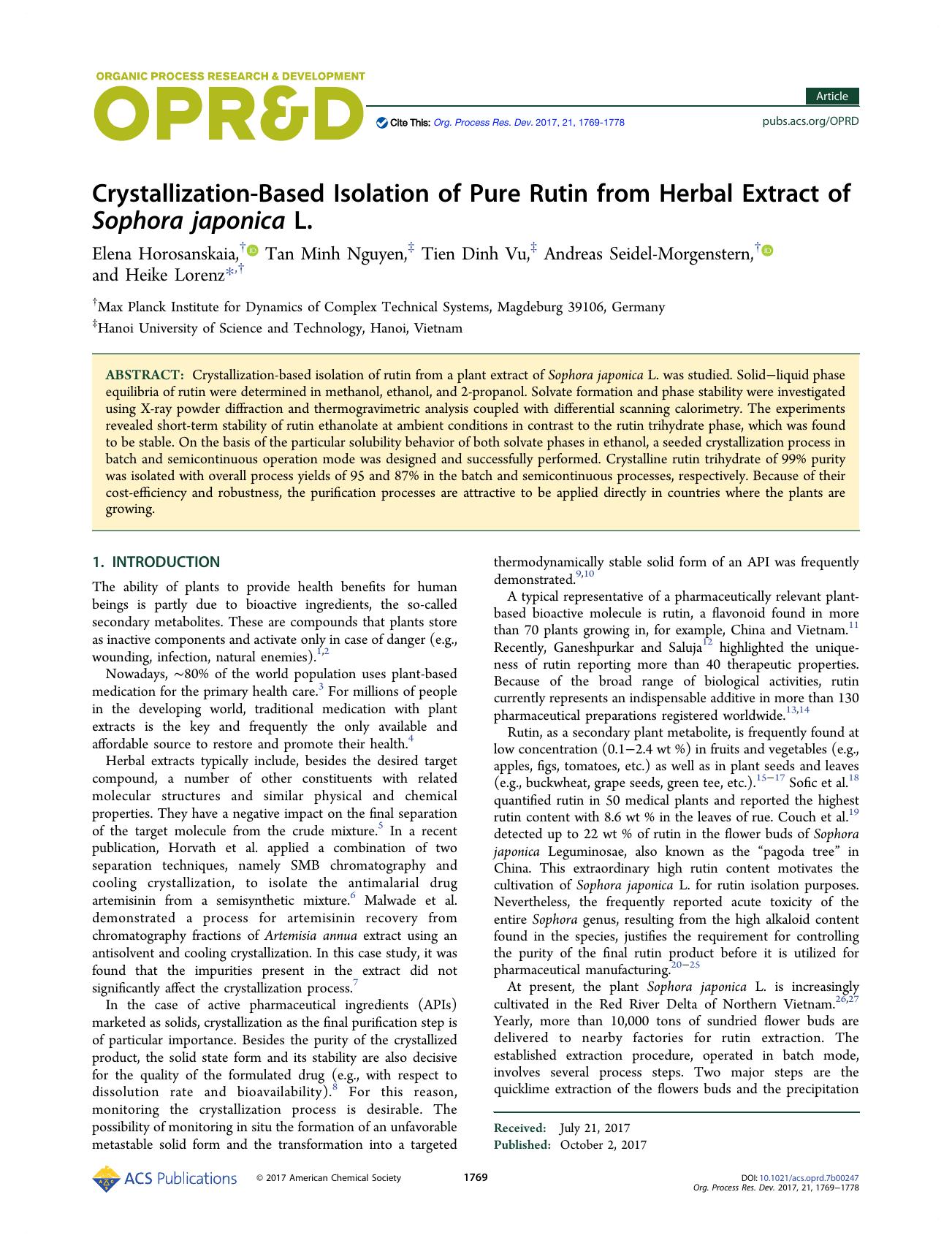 Crystallization-Based Isolation of Pure Rutin from Herbal Extract of Sophora japonica L. by Elena Horosanskaia Tan Minh Nguyen Tien Dinh Vu Andreas Seidel-Morgenstern & Heike Lorenz