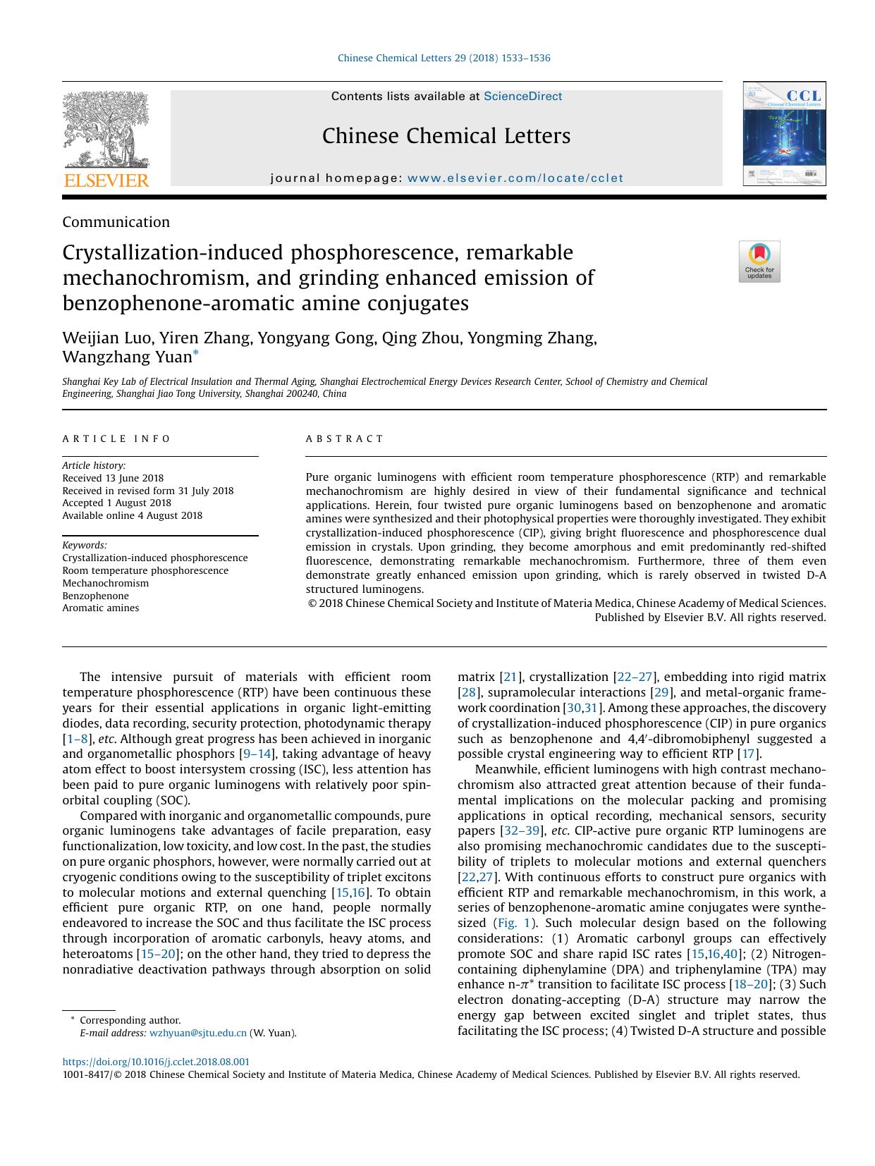 Crystallization-induced phosphorescence, remarkable mechanochromism, and grinding enhanced emission of benzophenone-aromatic amine conjugates by Weijian Luo & Yiren Zhang & Yongyang Gong & Qing Zhou & Yongming Zhang & Wangzhang Yuan