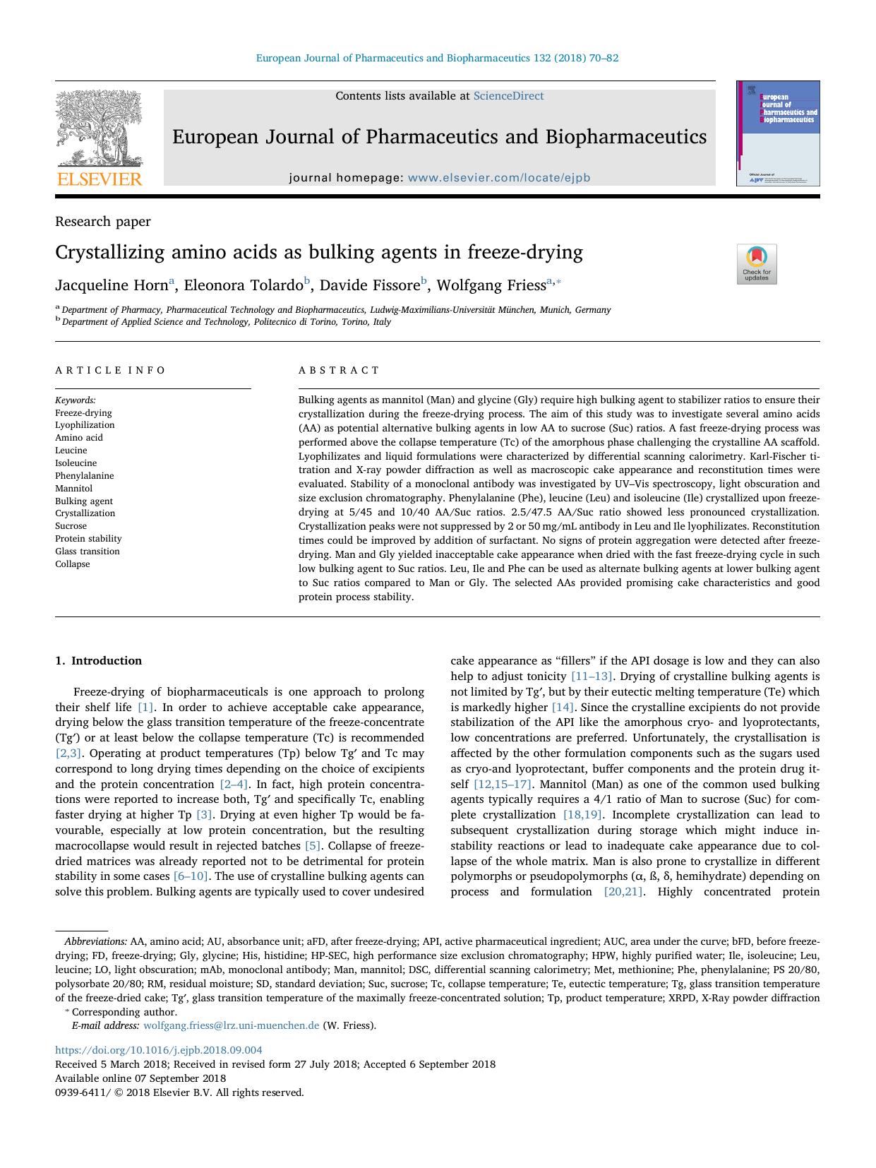 Crystallizing amino acids as bulking agents in freeze-drying by Jacqueline Horn & Eleonora Tolardo & Davide Fissore & Wolfgang Friess