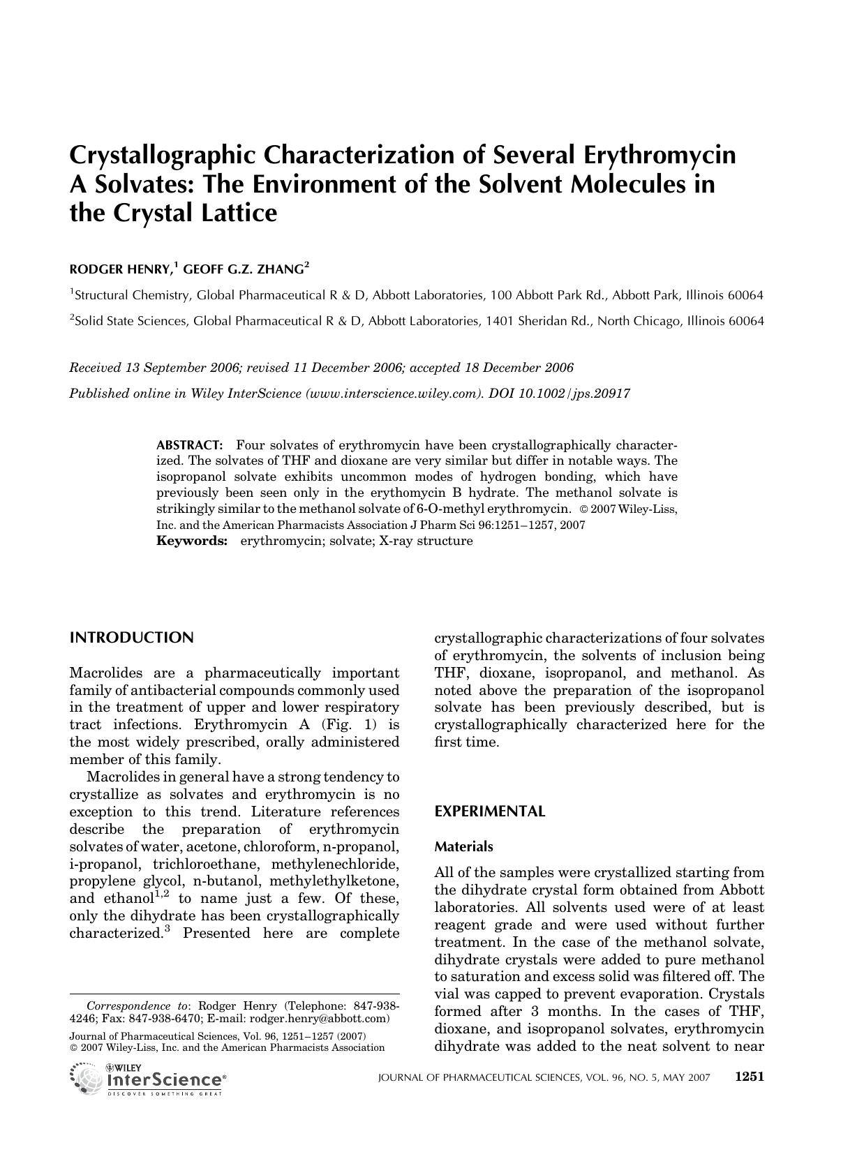 Crystallographic characterization of several erythromycin A solvates: The environment of the solvent molecules in the crystal lattice by Unknown