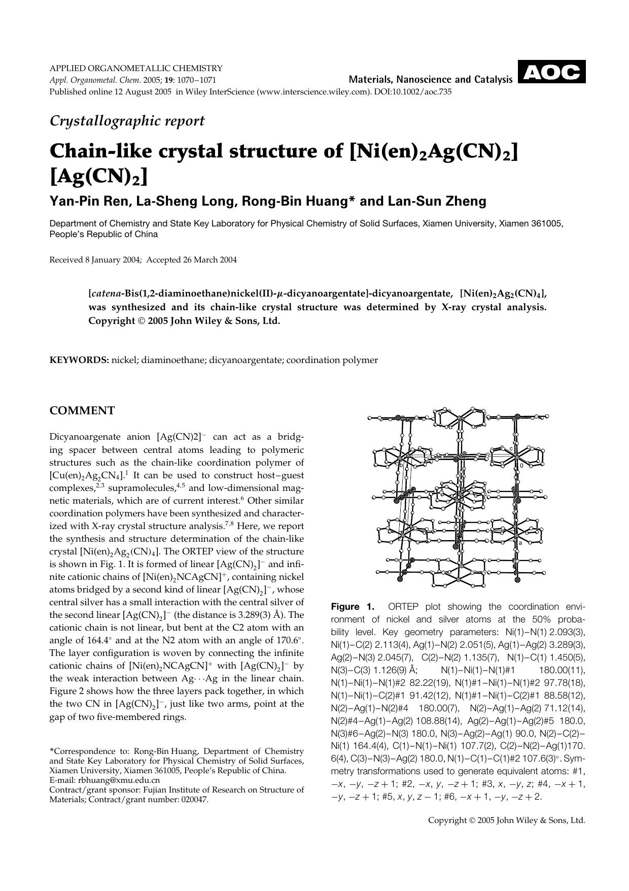 Crystallographic report: Chain-like crystal structure of [Ni(en)2Ag(CN)2] [Ag(CN)2] by Unknown