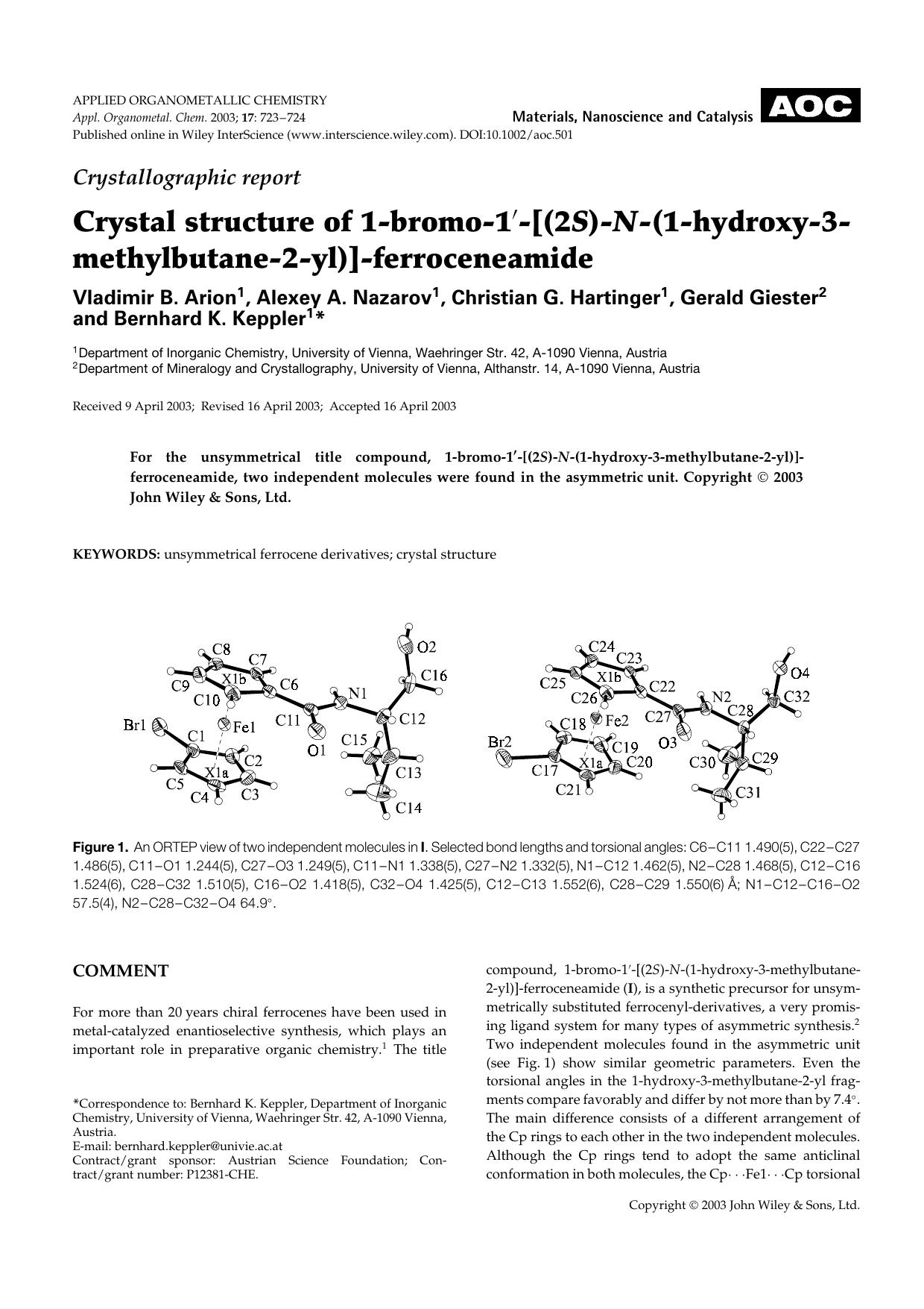 Crystallographic report: Crystal structure of 1-bromo-1[prime]-[(2S)-N-(1-hydroxy-3-methylbutane-2-yl)]-ferroceneamide by Unknown